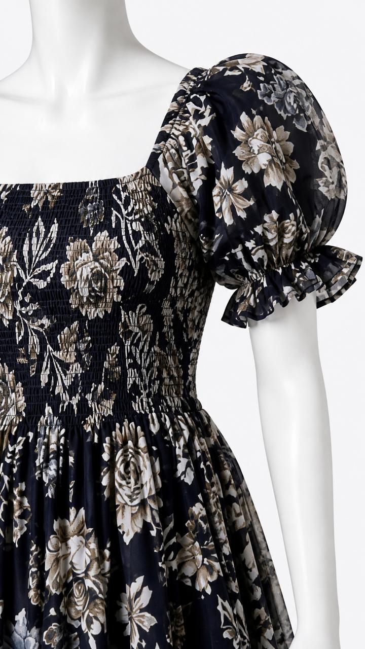 Women's Navy blue printed sundress with puff sleeves