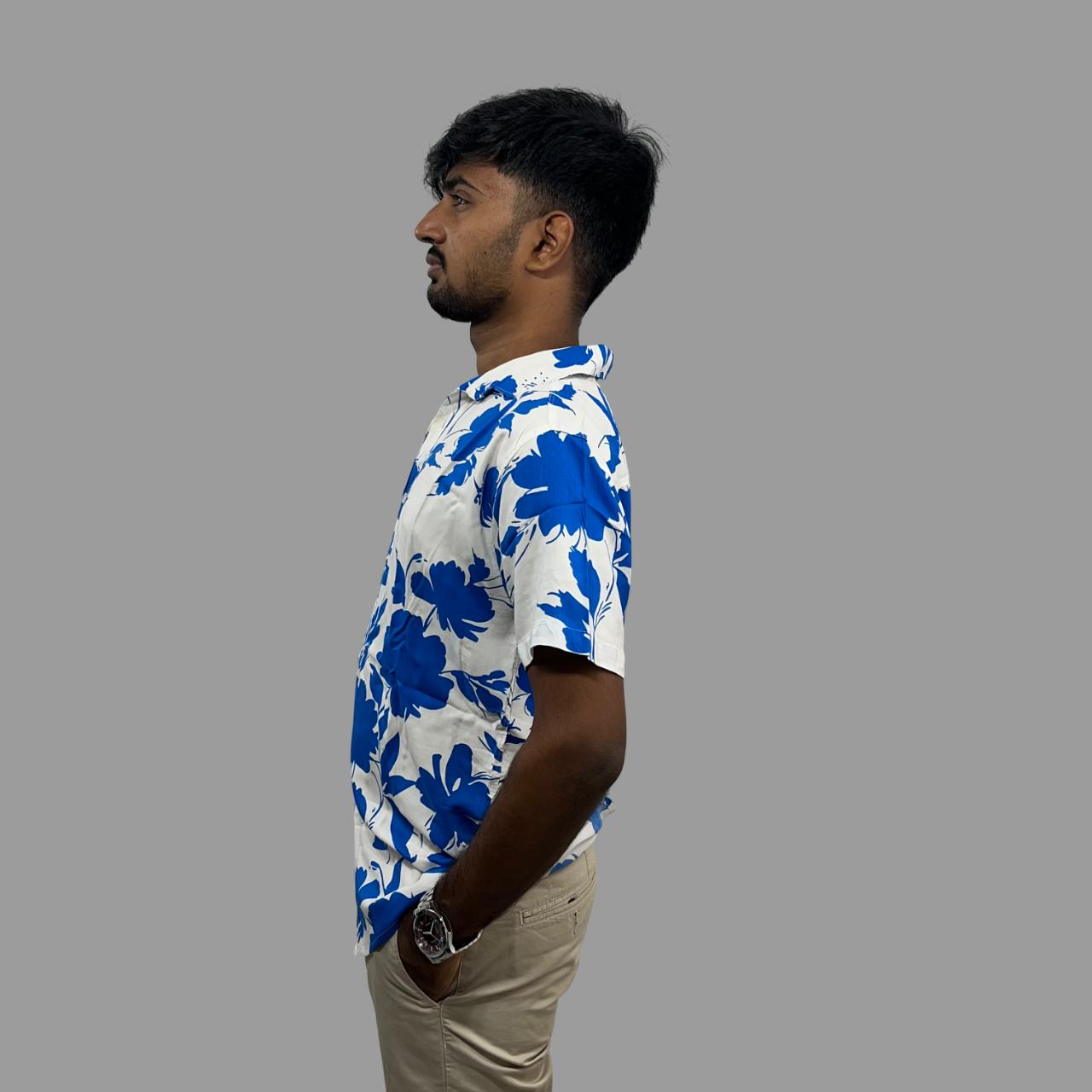 White and blue floral printed cuban collar shirt