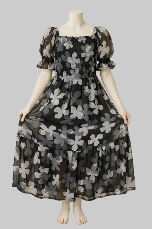 Women's black with white floral printed sundress with puff sleeves