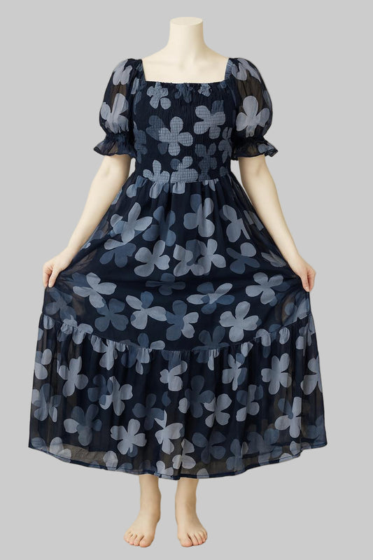 Women's navy blue and white floral printed sundress with puff sleeves