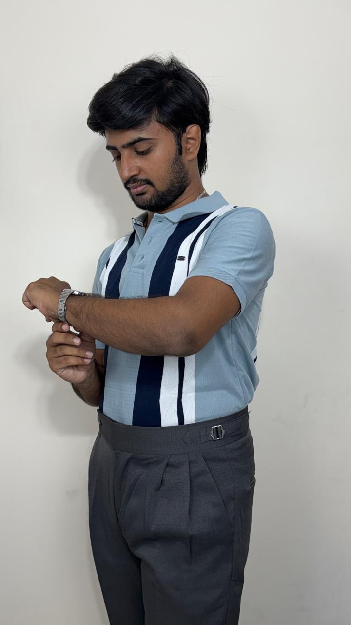 Men’s Sky Blue Knitted Cotton Polo T-Shirt | Premium Vertical Stripe Polo Tee