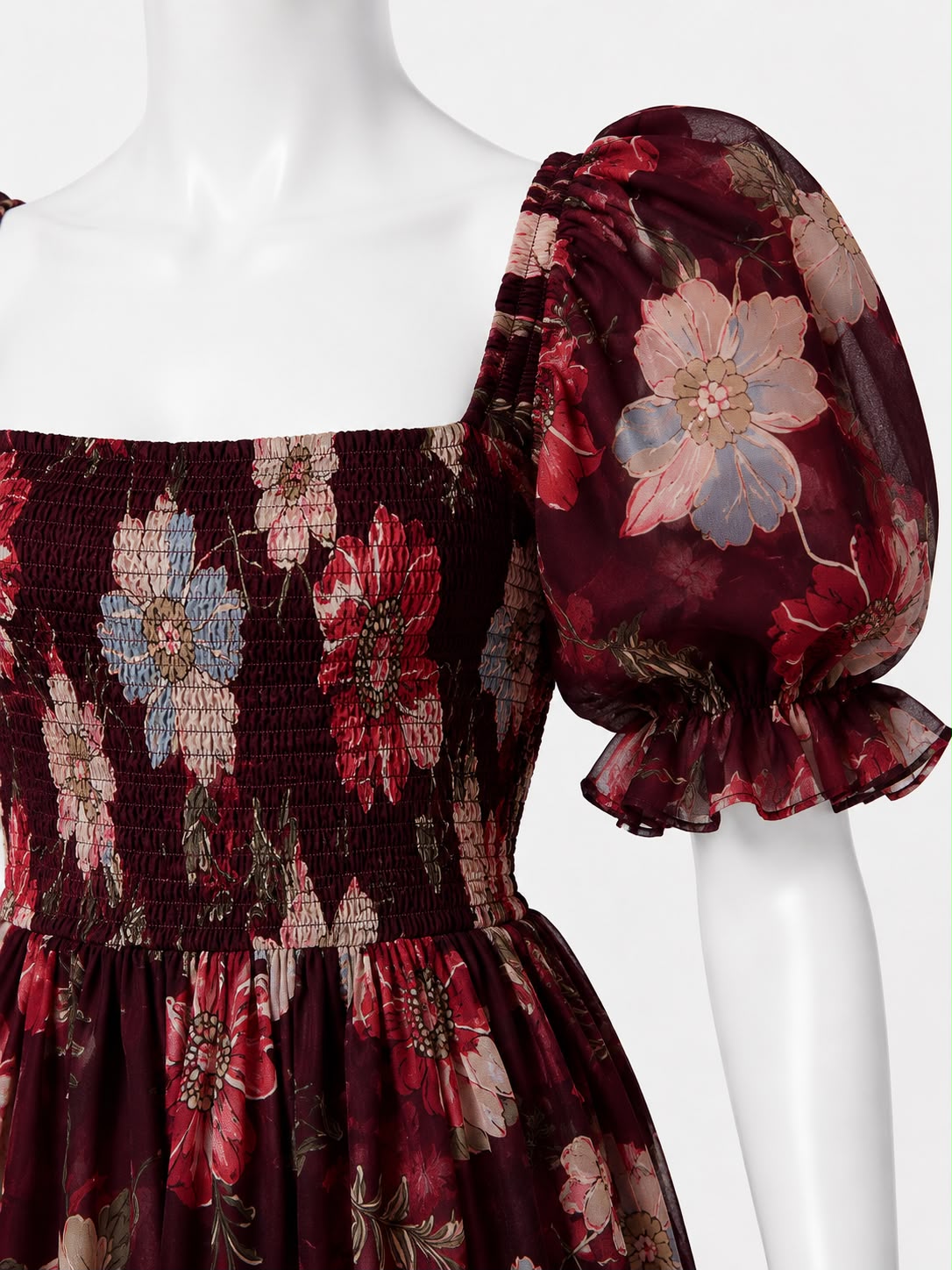 Women's Burgundy floral print sundress with puff sleeves
