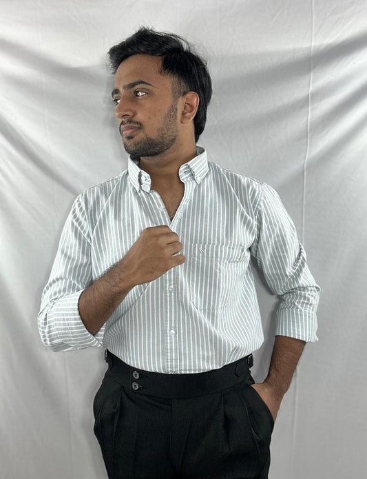 Ash grey oxford cotton-linen shirt with white stripes | button-down collar