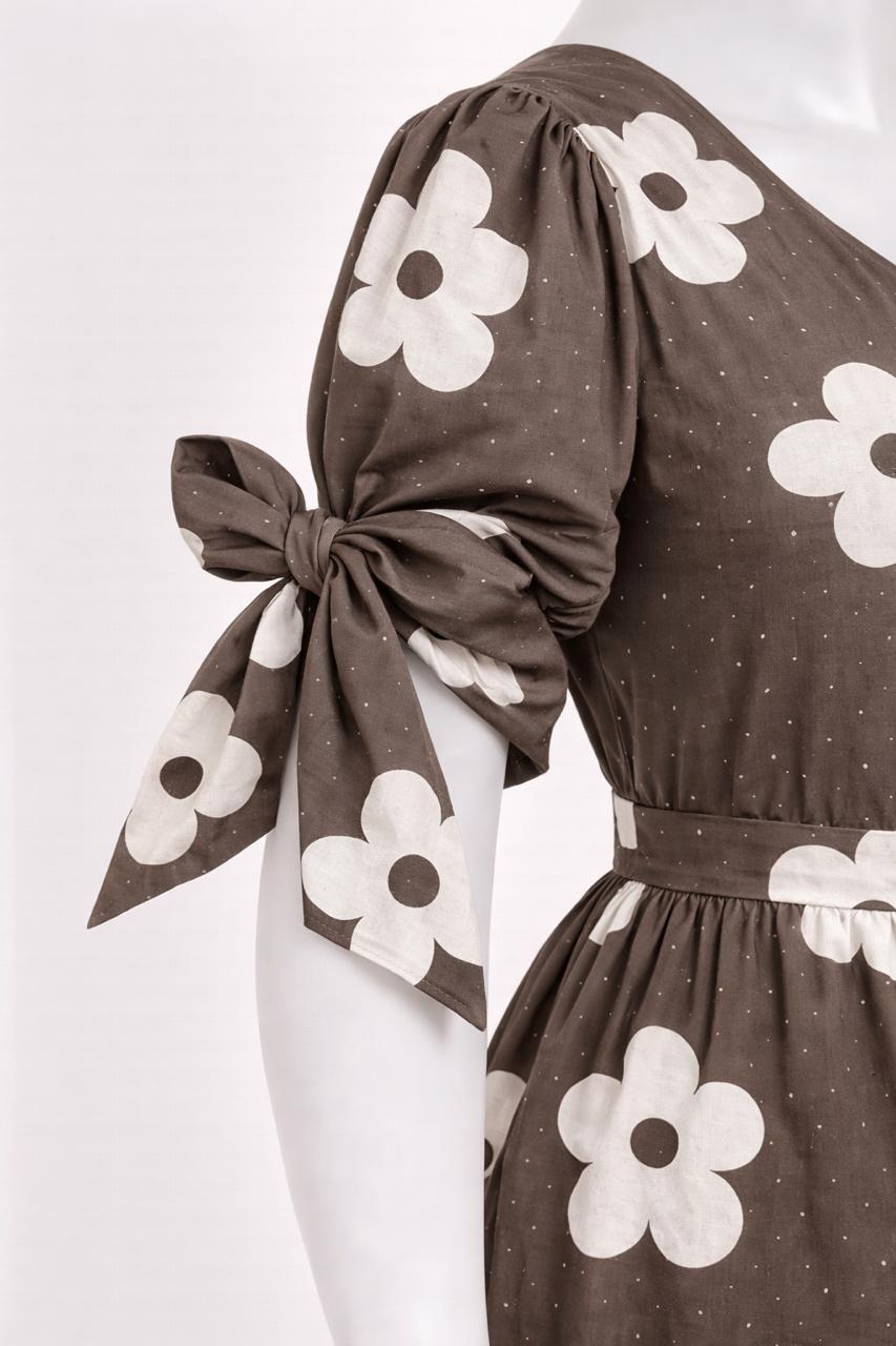 Women's slate brown floral maxi with puff sleeves tie up dress