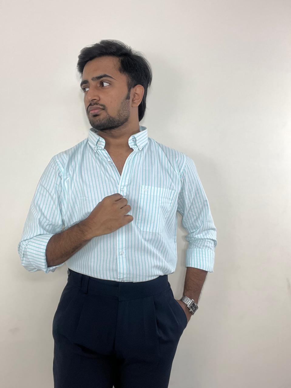 Pastel blue striped oxford cotton-linen| button down collar