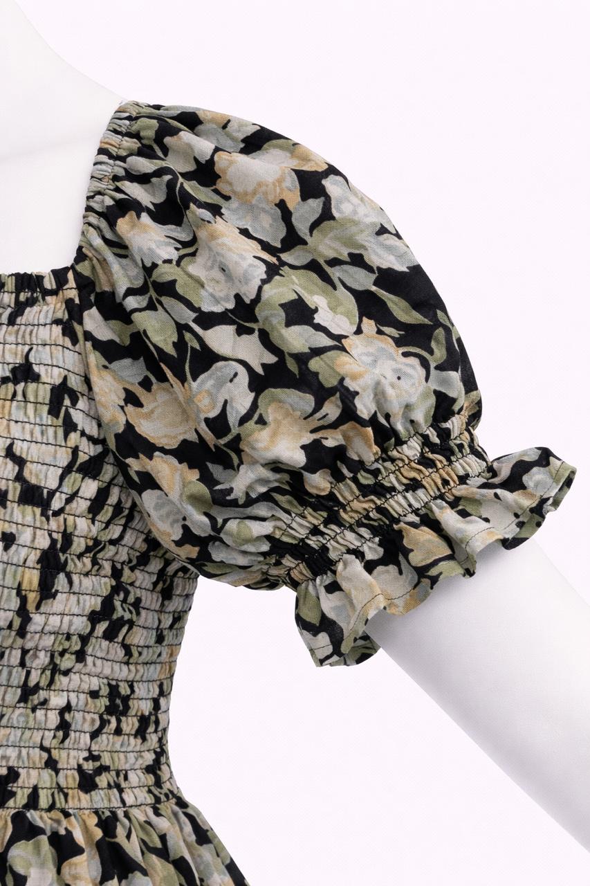 Women's Black & green floral printed sundress with puff sleeves