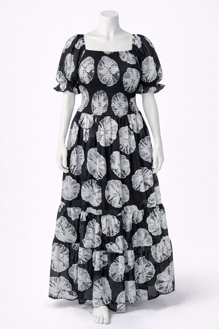 Women's Black floral printed sundress with puff sleeves