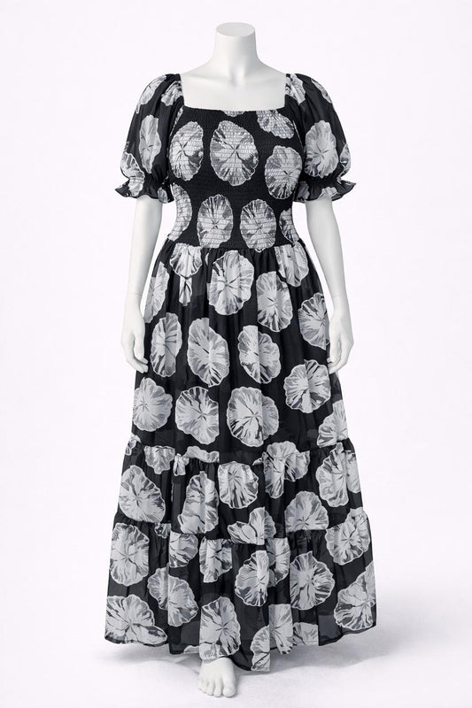Women's Black floral printed sundress with puff sleeves