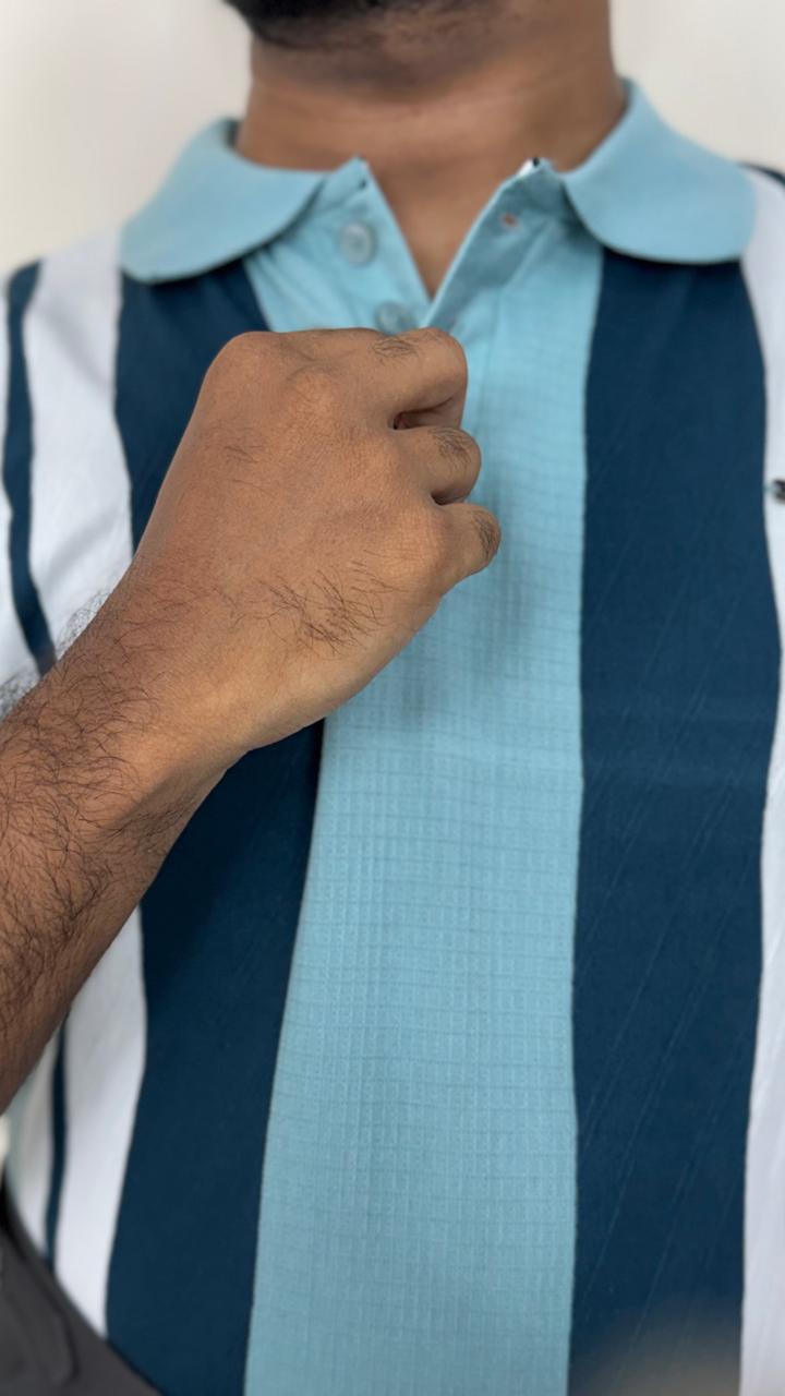Men’s Aqua Blue Knitted Cotton Polo T-Shirt | Premium Vertical Stripe Polo Tee