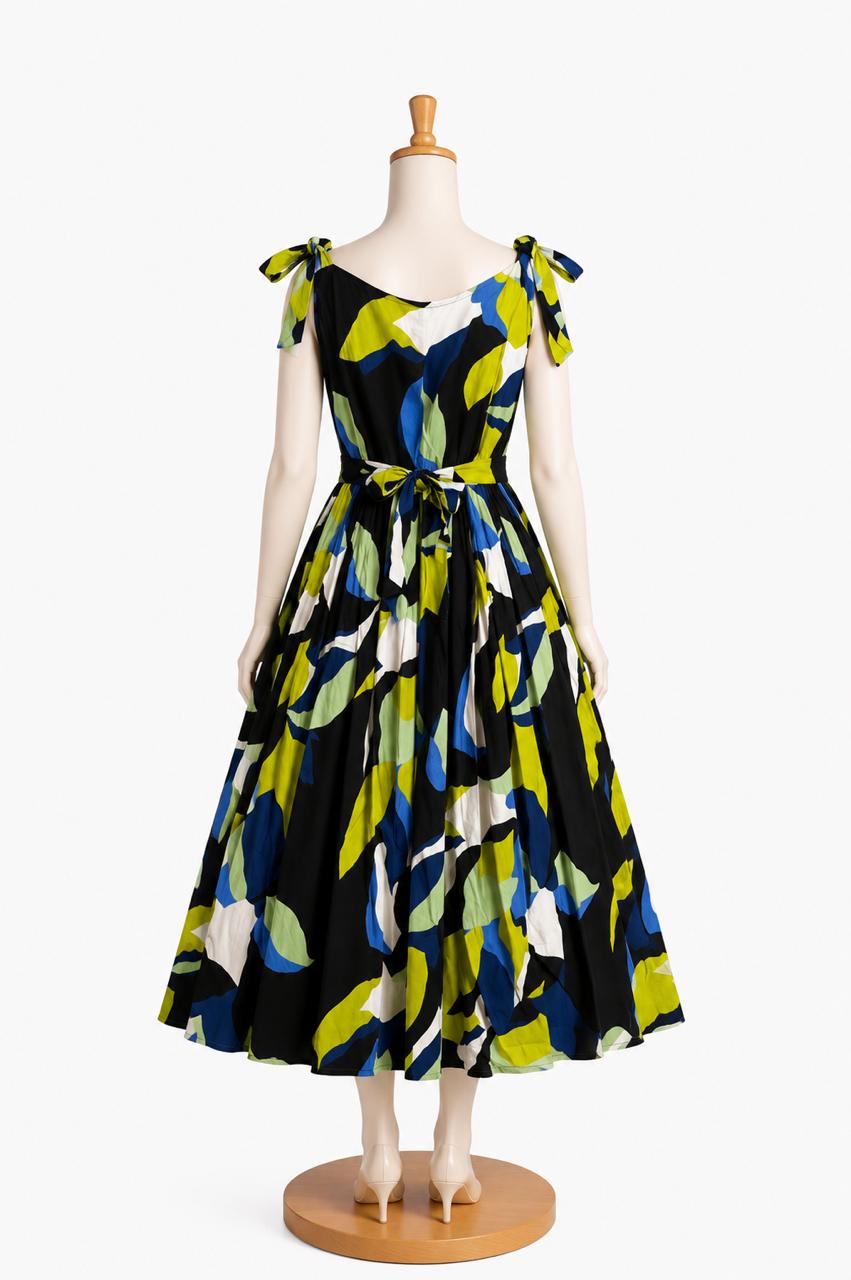 Kids & teens MidNight Lime Abstract Print Summer Midi Dress with shoulder Tie straps & Chest Cup