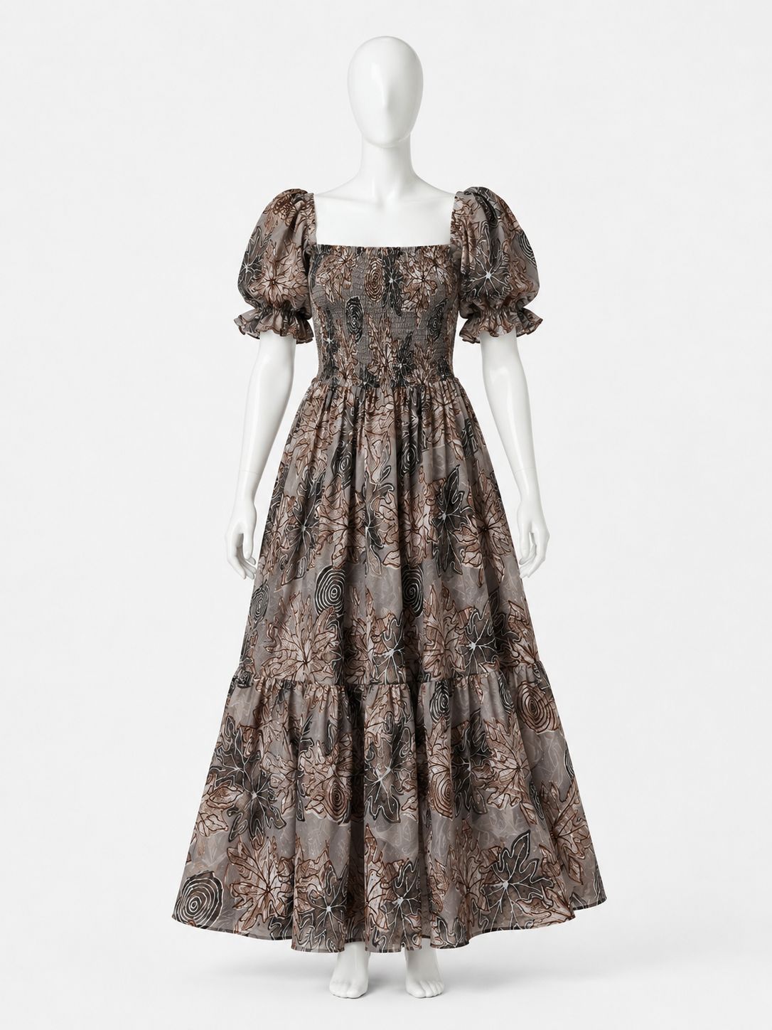 Women's brown printed sundress with puff sleeves