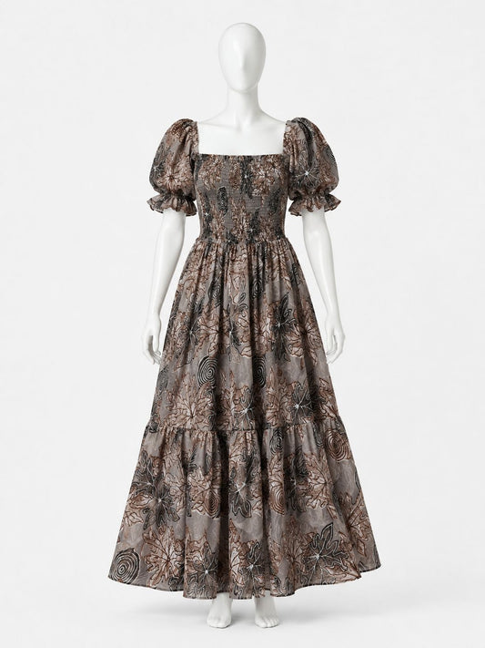 Women's brown printed sundress with puff sleeves