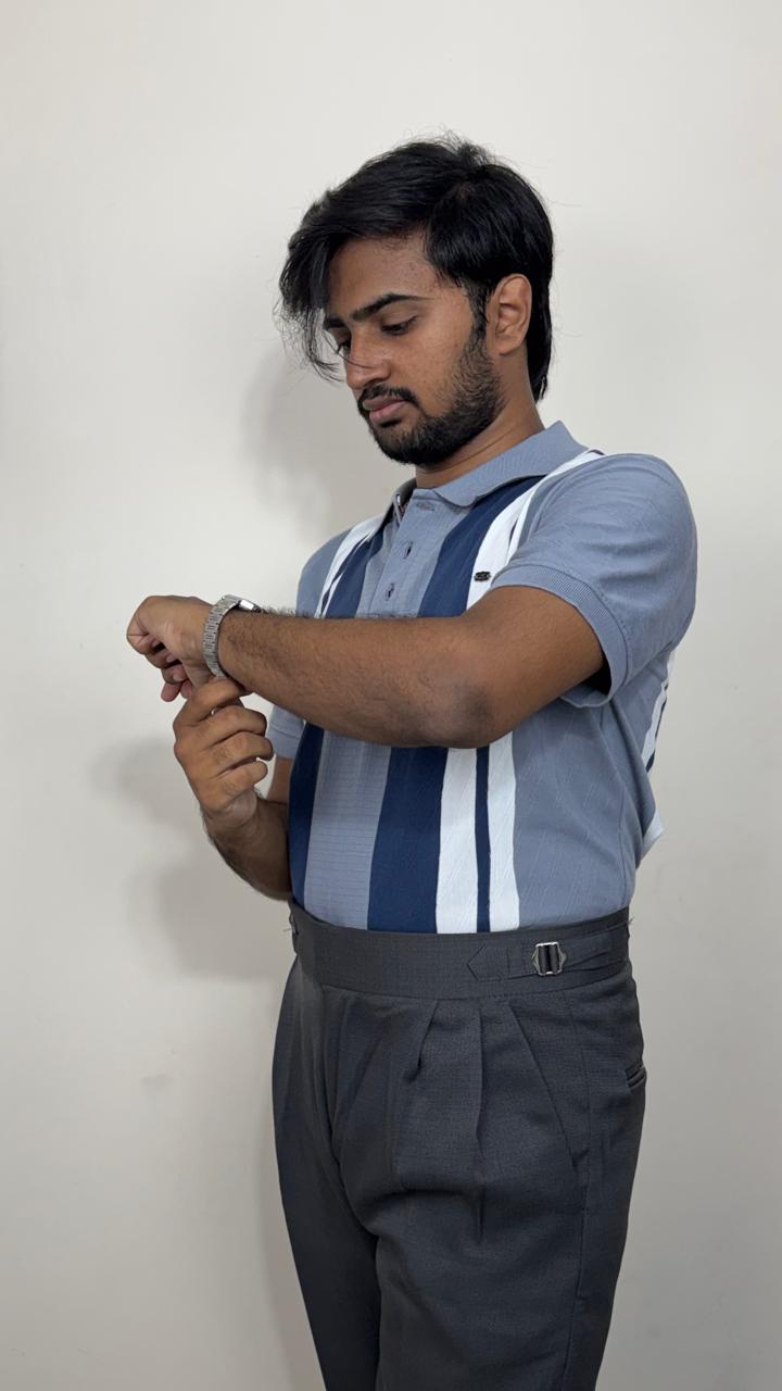 Men’s Indigo Blue Knitted Cotton Polo T-Shirt | Premium Vertical Stripe Polo Tee