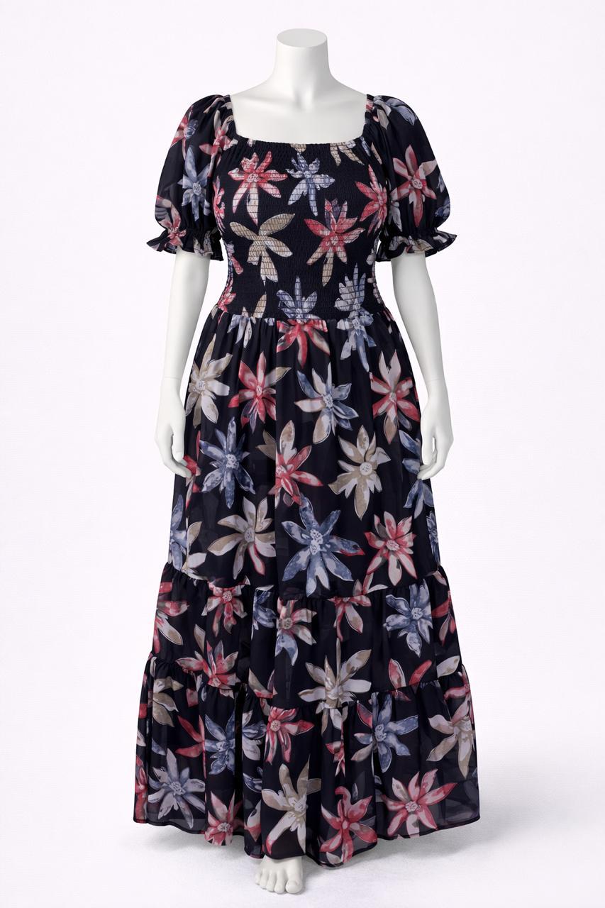 Women's Black floral printed sundress with puff sleeves