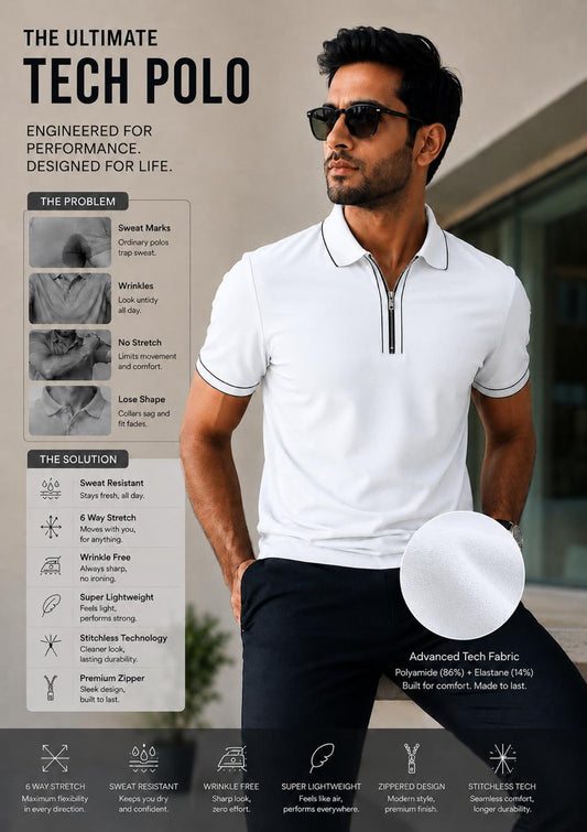 Structured Executive Tech Polo | Ultra-Stretch , Stitchless & Wrinkle-Free Performance T-Shirt
