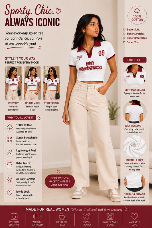 Retro printed white contrast collar Baby tee | Women's cropped Fit T-shirt