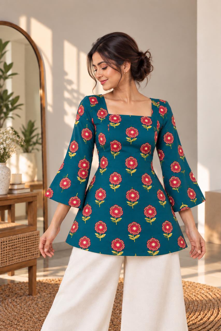 Peacock blue rose printed Premium 100% Pure Cotton Corset Back Knot Short Kurti | Printed Flared Kurti for Women