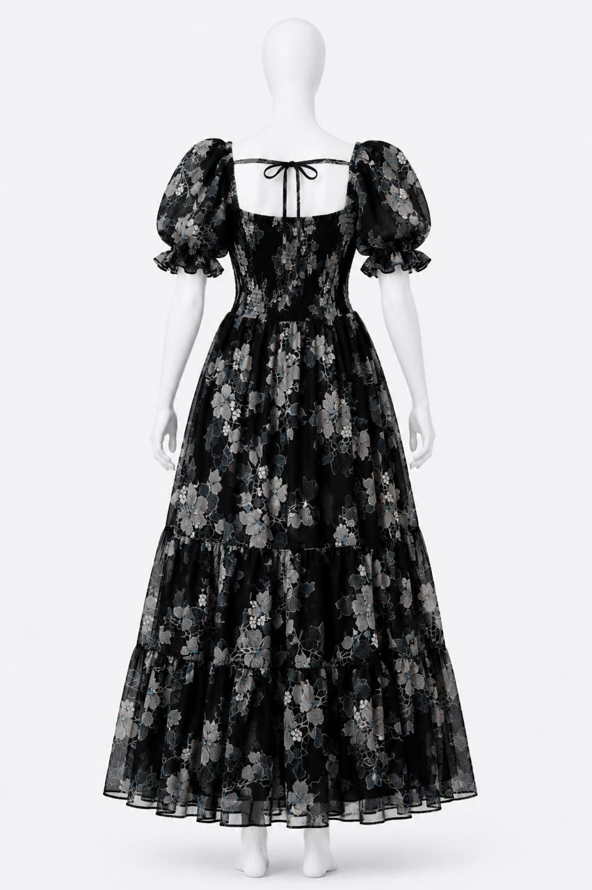 Women's Black floral printed sundress with puff sleeves
