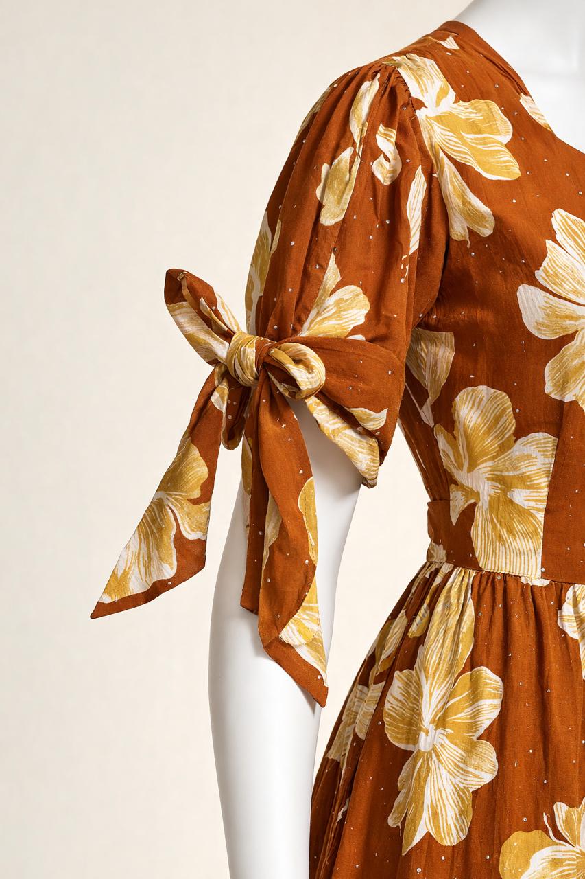 Women's Carmel brown floral maxi with puff sleeves tie up dress