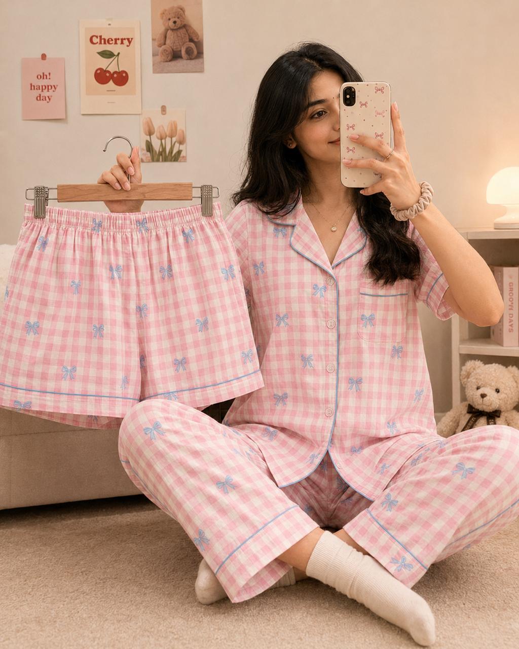 Bow Printed Premium 3-Piece Cotton Lounge Set