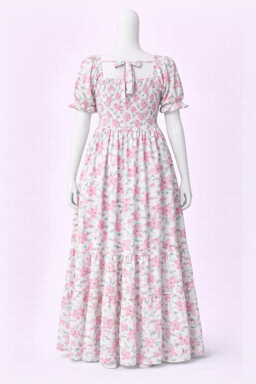 Women's white & pink printed sundress with puff sleeves