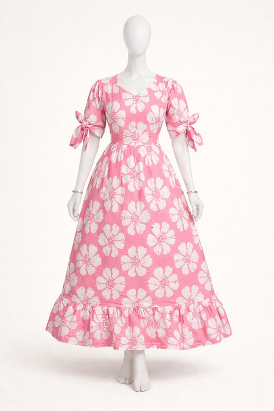 Women's pink floral maxi with puff sleeves tie up dress