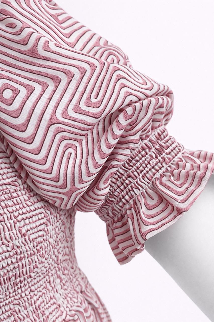 Women's White with pink printed sundress with puff sleeves