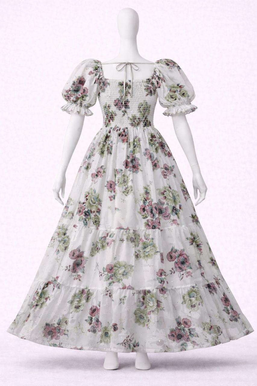 Women's white vibrant floral printed sundress with puff sleeves
