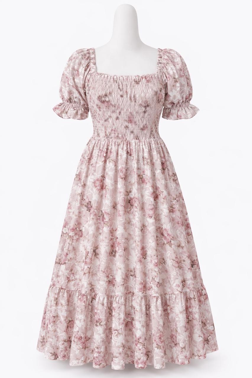 Women's cream floral printed embroidered sundress with puff sleeves