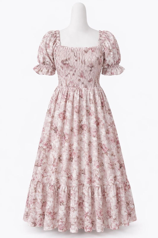 Women's cream floral printed embroidered sundress with puff sleeves