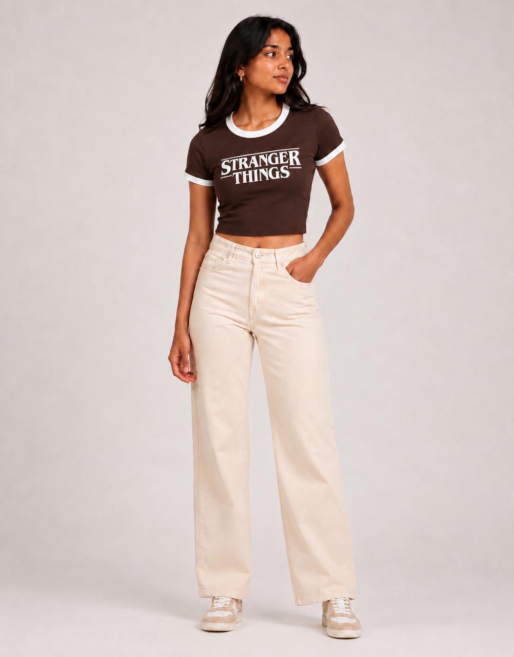 Stranger things printed contrast collar Baby tee | Women's cropped Fit T-shirt