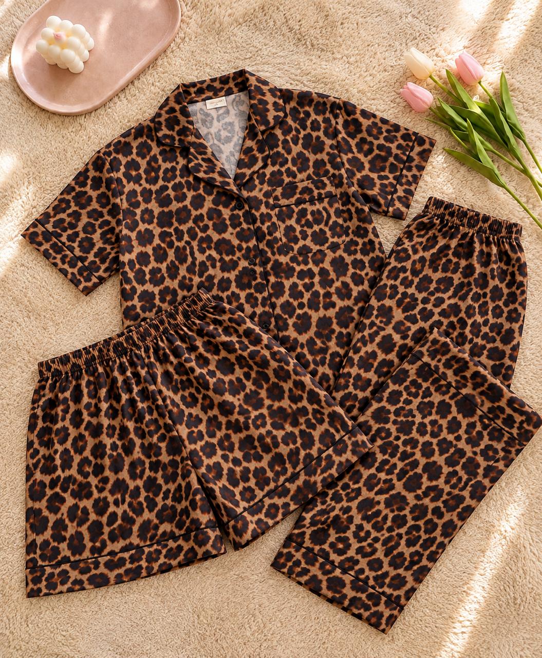 Women's leopard Printed Premium 3-Piece Cotton Lounge Set