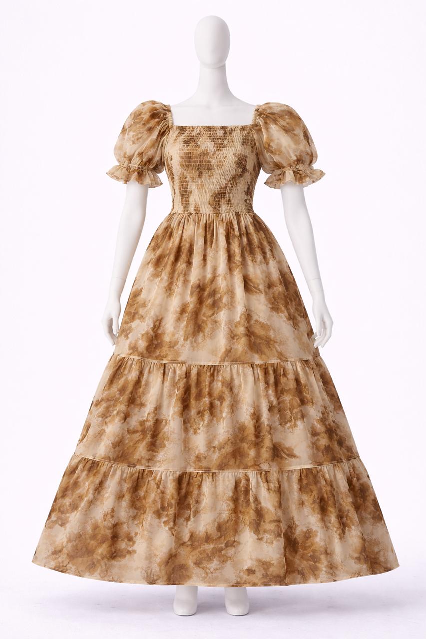 Women's yellow floral printed sundress with puff sleeves