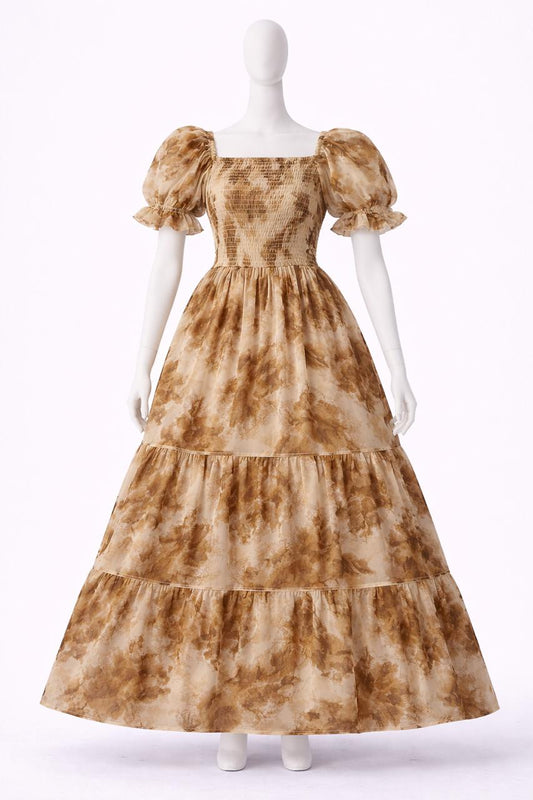 Women's yellow floral printed sundress with puff sleeves