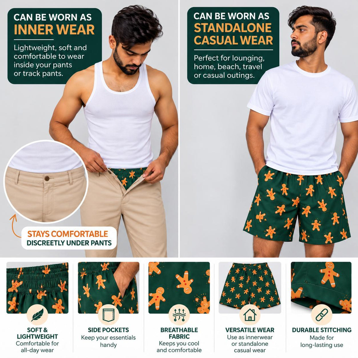 Men’s 100% cotton Gingerbread Printed Boxer Shorts | Double side pockets