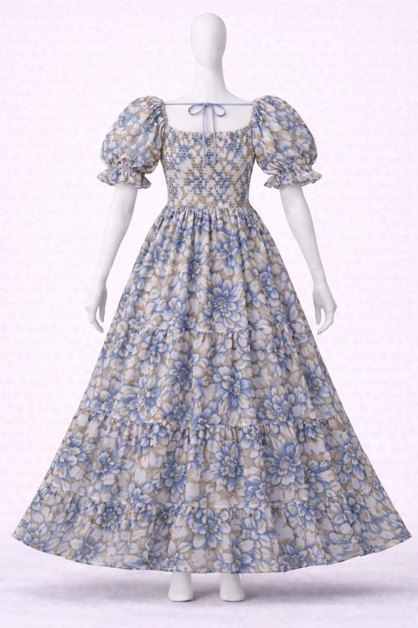 Women's blue & white floral printed sundress with puff sleeves