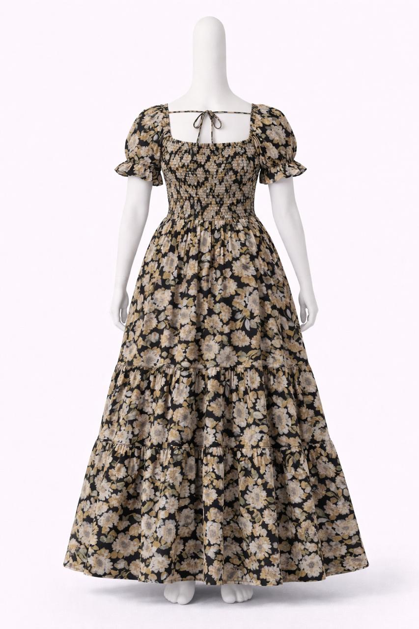 Women's Black & yellow floral printed sundress with puff sleeves