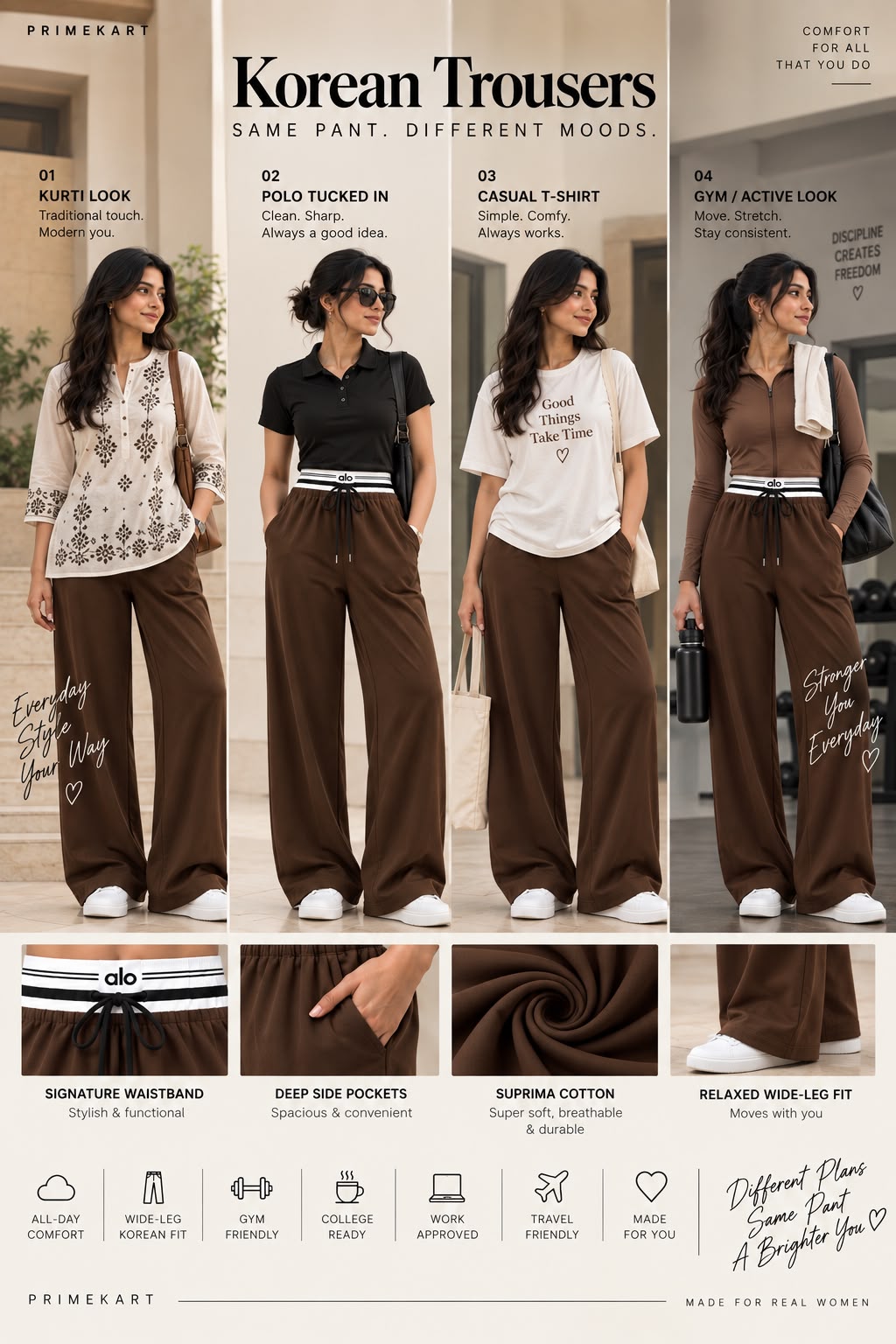 Women’s Brown Wide-Leg Korean trousers with Striped Elastic Waistband & Drawstring