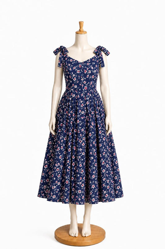 Kids & teens Navy Blue Floral printed Sholder Midi Dress with shoulder tie straps and Chest cup