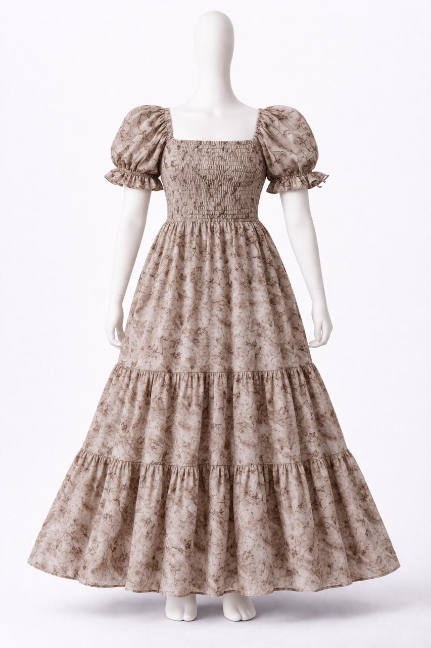 Women's Blush cream floral printed embroidery sundress with puff sleeves