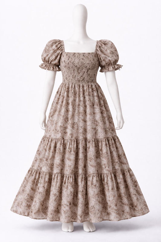 Women's Blush cream floral printed embroidery sundress with puff sleeves