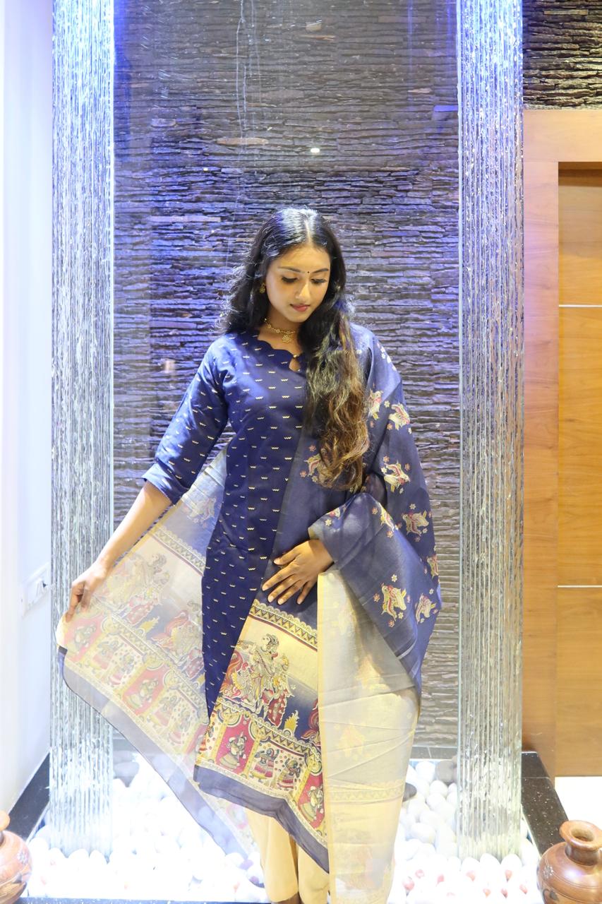 Pack of 2-Pure Raw Silk Churidar Set with Kalamkari Dupatta & Pant