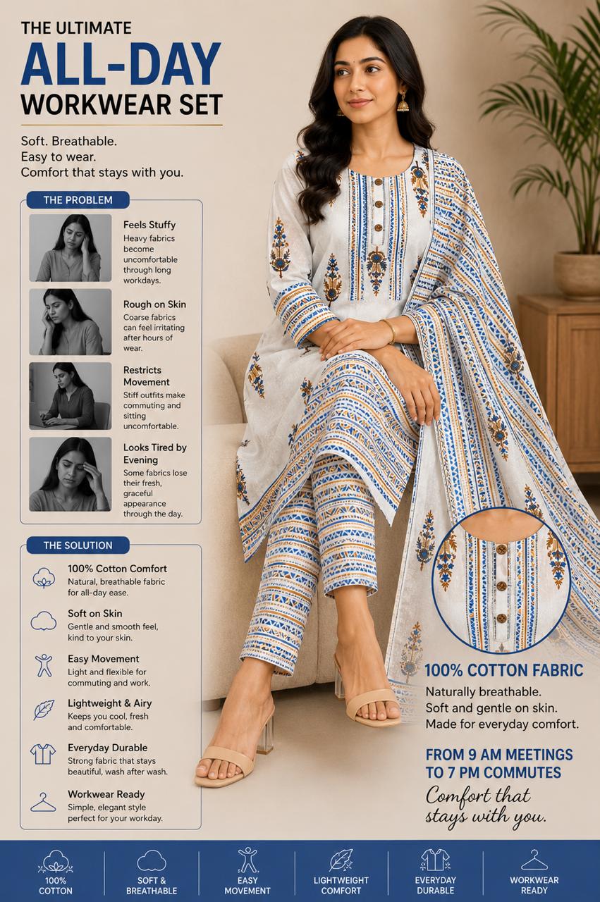 Stylish printed cotton Kurta set with neck embroidery.