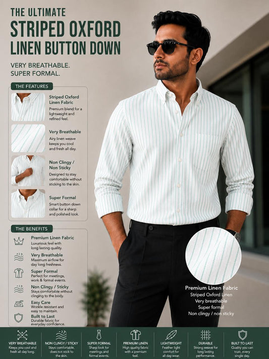 Mint striped oxford cotton-linen shirt | button-down collar