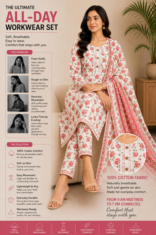 Stylish printed cotton Kurta set with neck embroidery