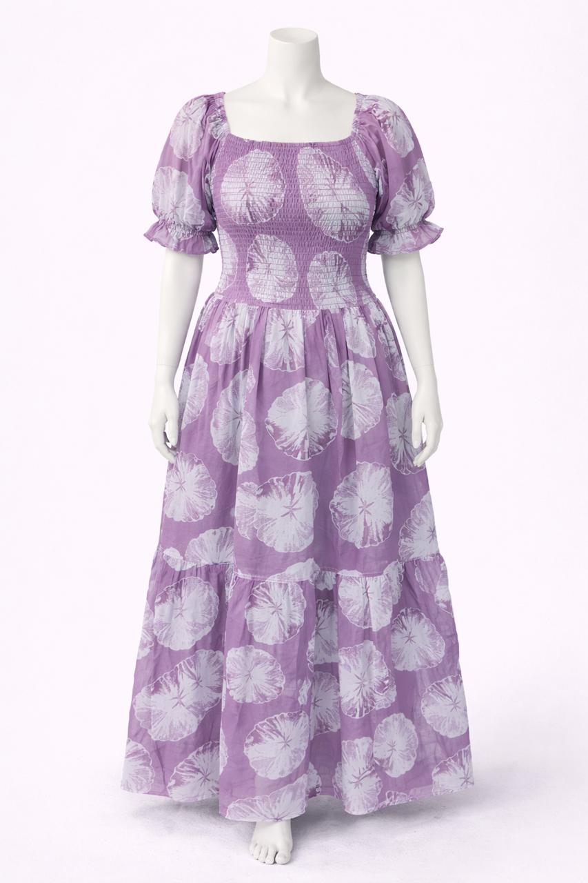 Women's mauve violet flower printed sundress with puff sleeves