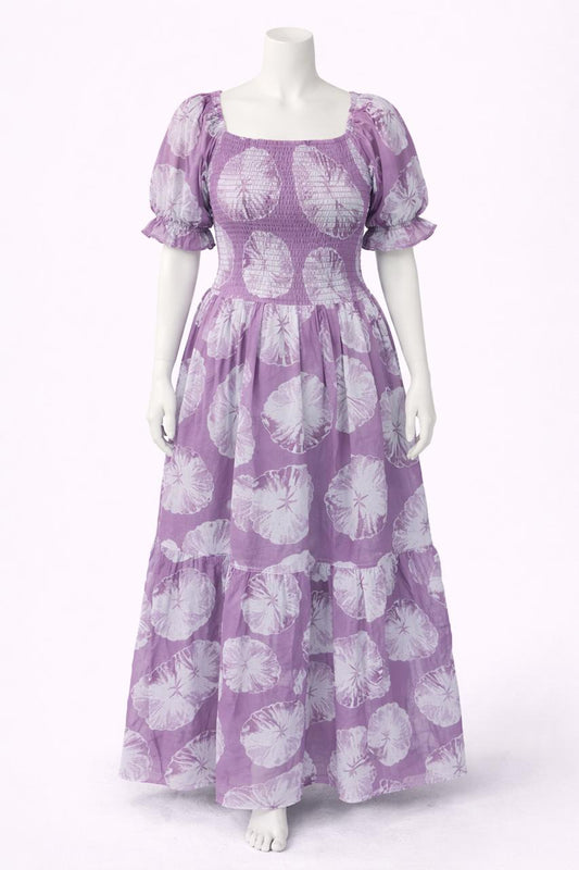 Women's mauve violet flower printed sundress with puff sleeves