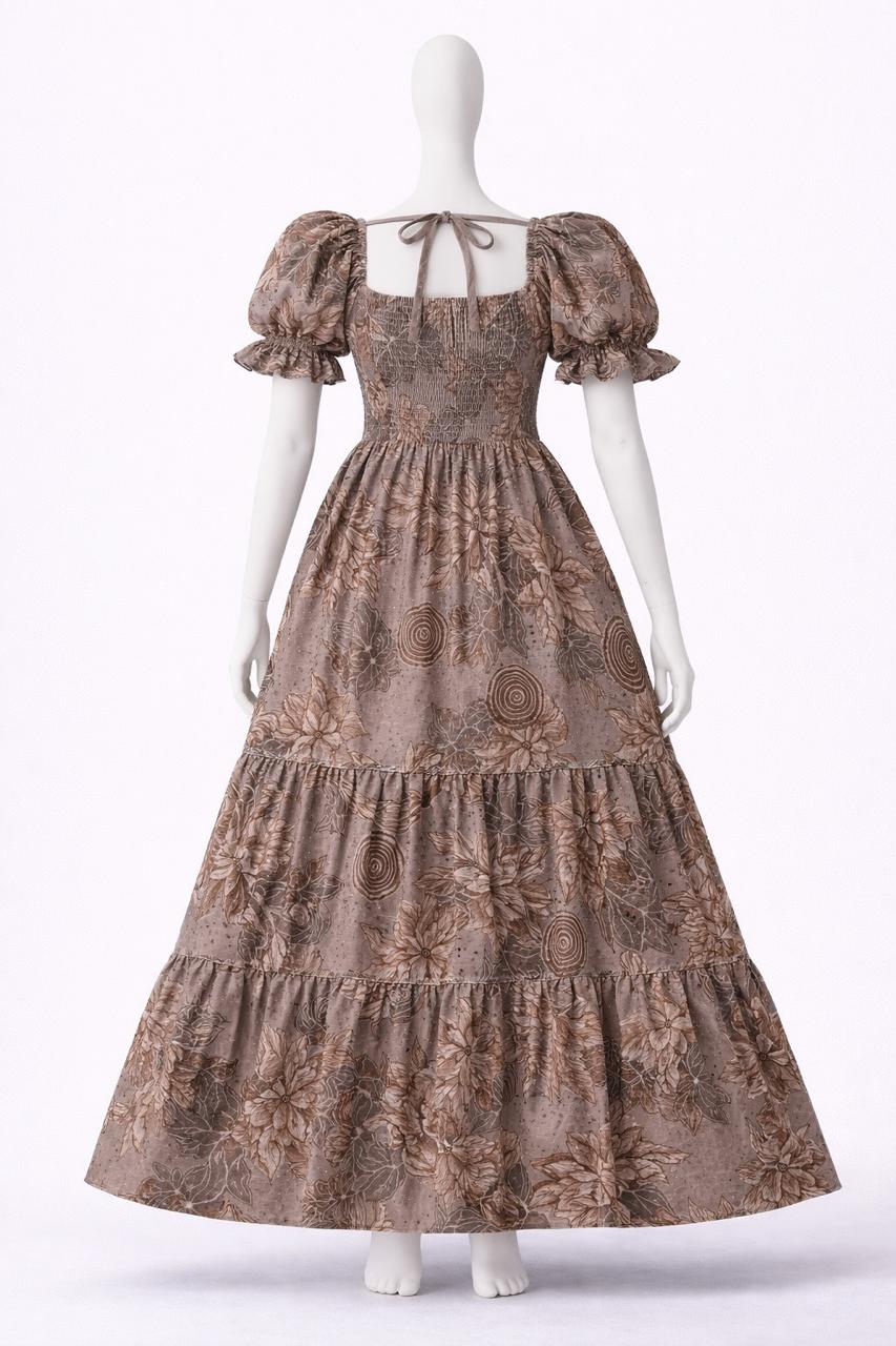 Women's premimum brown floral printed sundress with puff sleeves