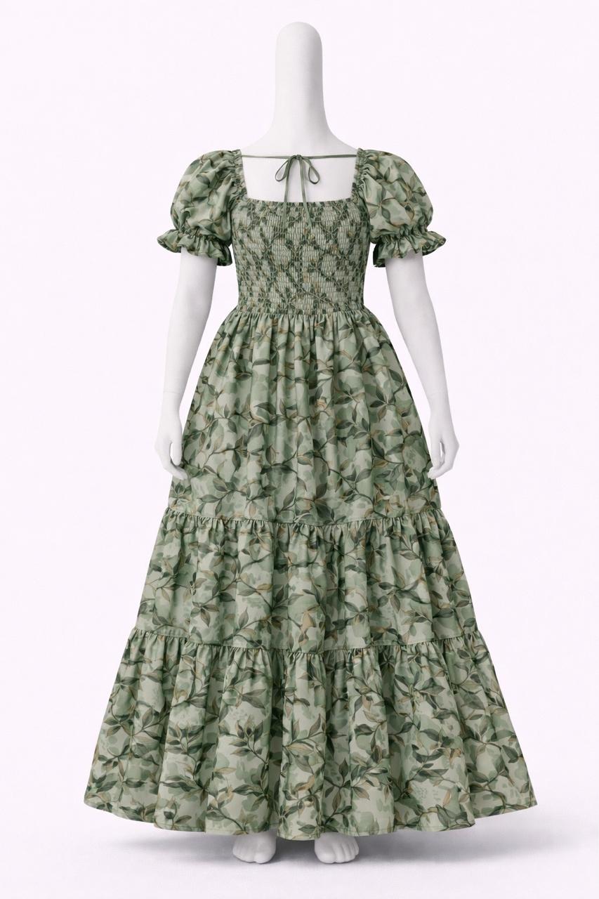 Women's green floral printed sundress with puff sleeves