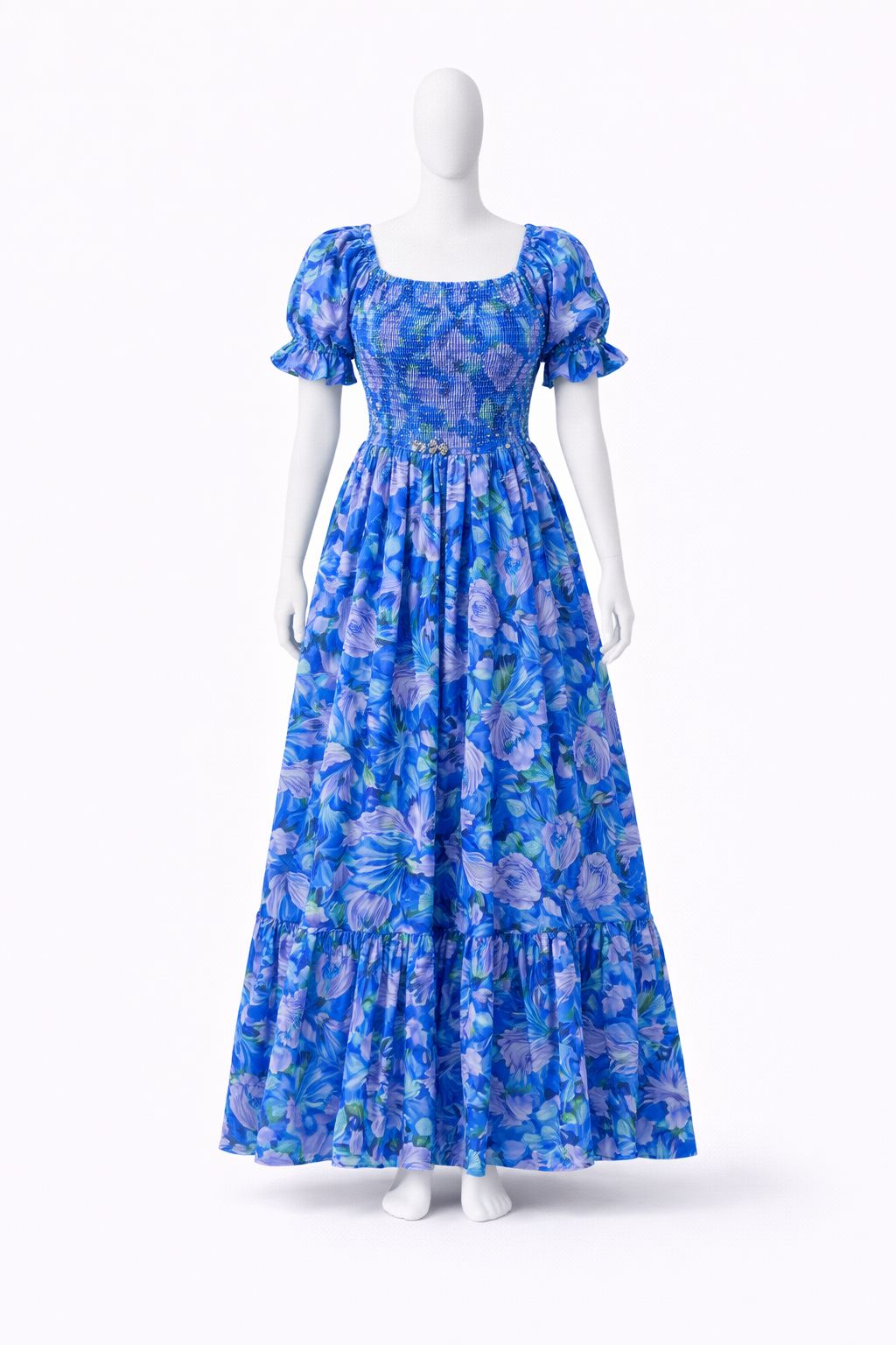 Women's Blue floral printed sundress with puff sleeves